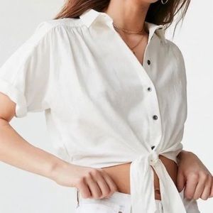 Urban Outfitters Linen Blend Button Front Tie Front Crop Top White Size Large